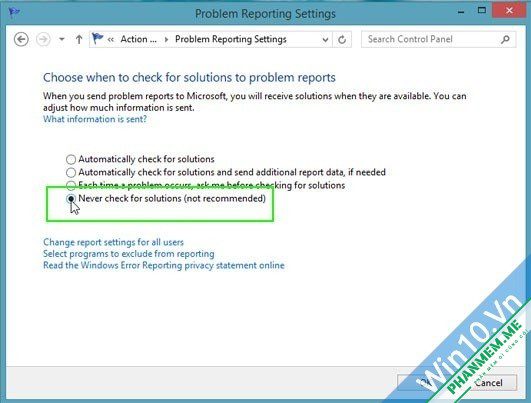 Tắt Error Reporting trong Windows XP 7 8 10 9 never-check-for-solutions