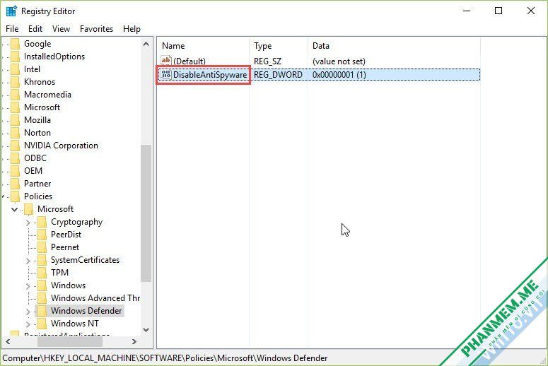 Hướng dẫn cách tắt Windows Defender Win 10, 11 12 DisableAntiSpyware