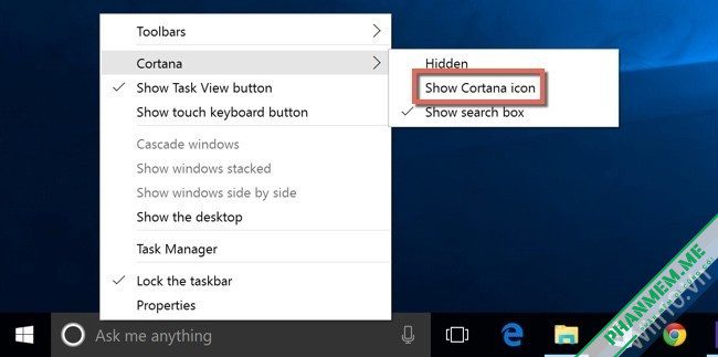 Cách thu nhỏ / ẩn Search Bar trên Windows 10 2 show cortana icon
