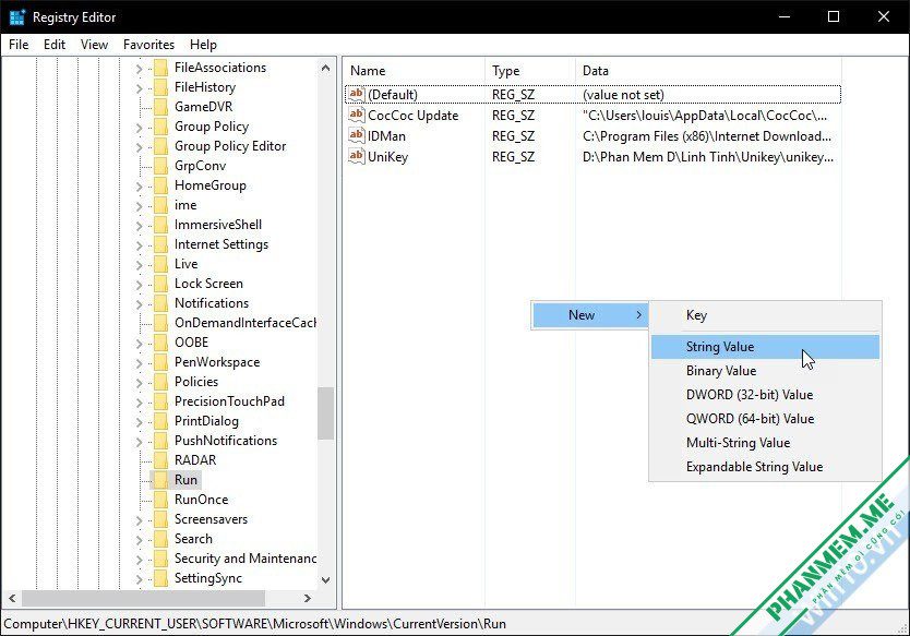 Cách chọn phần mềm, ứng dụng khởi động cùng Windows 11, 10 5 regedit run