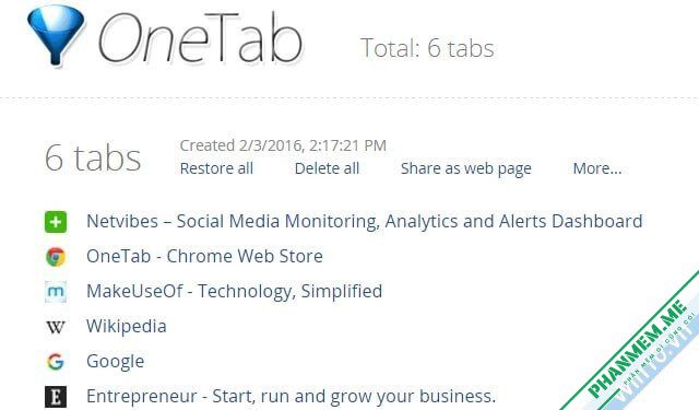 25 Addons Chrome giúp bạn làm việc hiệu quả hơn 2 OneTab Chrome Extension