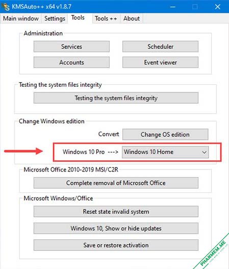 Download KMSAuto++ Portable v1.9.9 b09 - Active Windows & Office 6 Thay đổi phiên bản Windows 10, 11 bằng KMSAuto