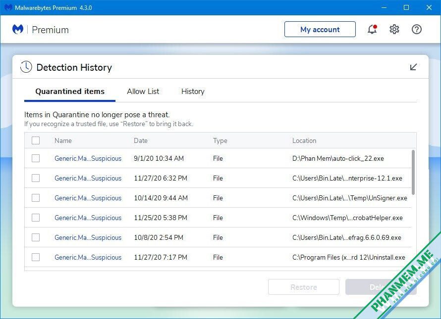 Download Malwarebytes Premium 5.4.8.232 + Key Malwarebytes bản quyền vĩnh viễn 4 Detection history Malwarebytes
