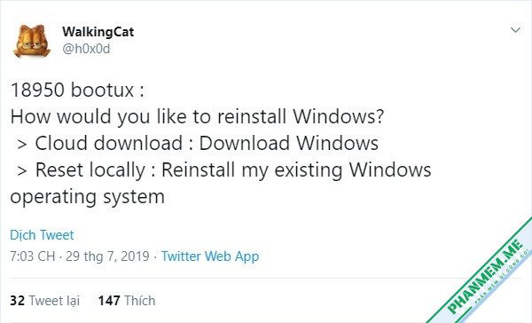 2 tính năng "Cloud download" và "Recover from the cloud" trên Windows 10 1 twitter WZTCat