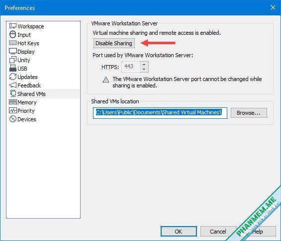 Cách khắc phục lỗi Apache port:443 is being used by another application 4 Disable Sharing VMware