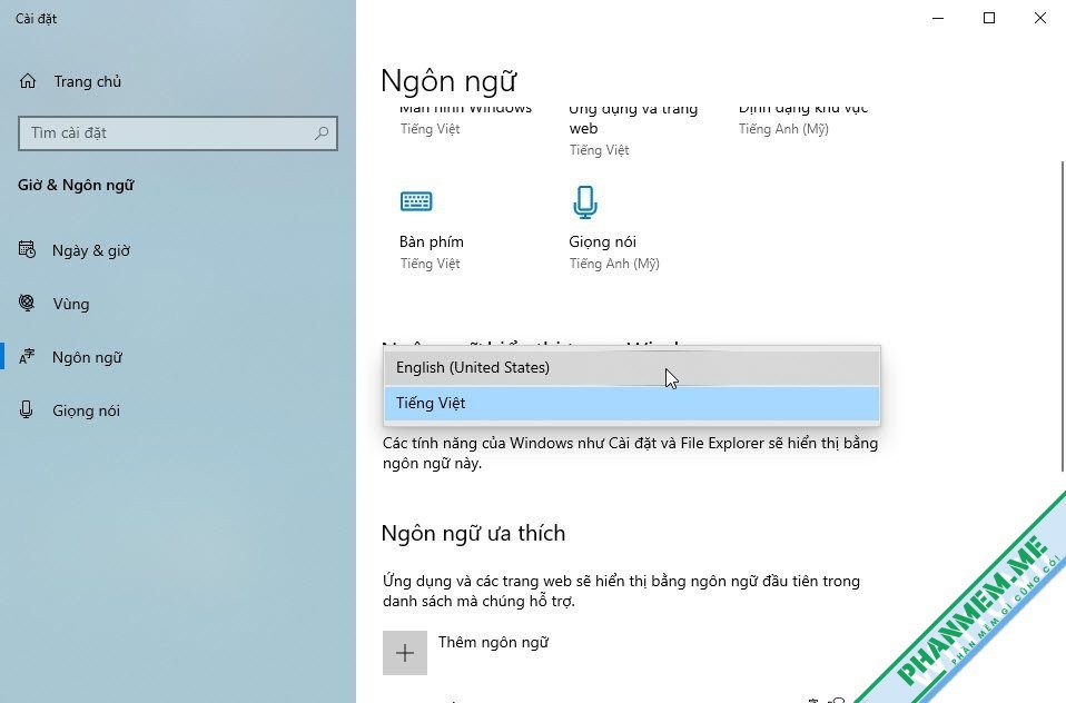 Hướng dẫn cài thêm ngôn ngữ tiếng Việt / English cho Windows 10 8 Chọn ngôn ngữ hiển thị Windows 10