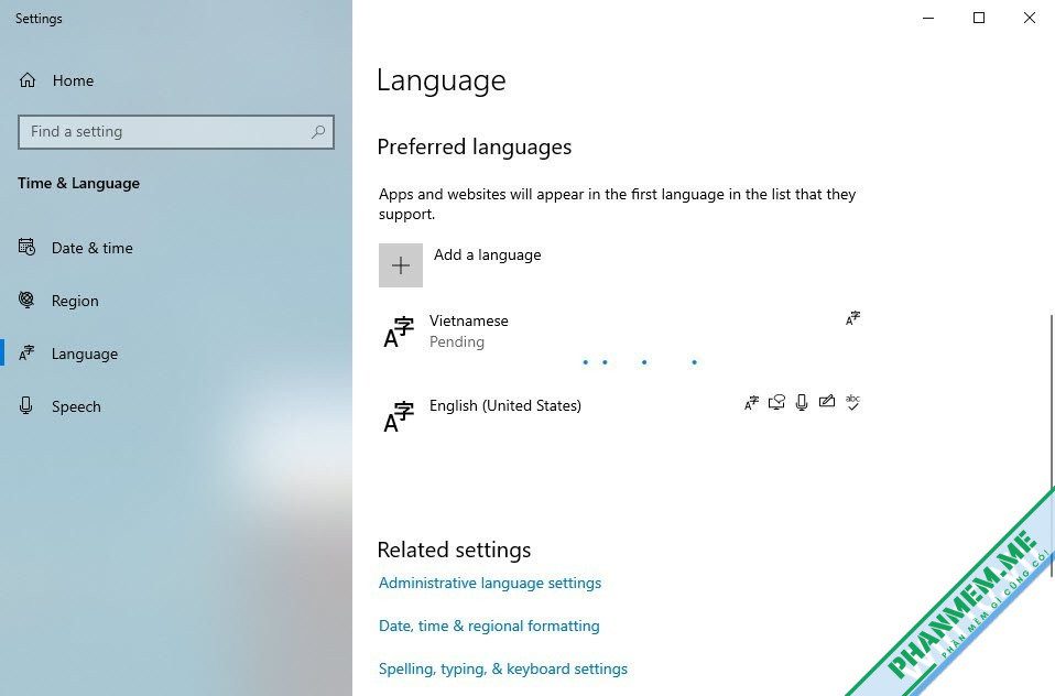 Hướng dẫn cài thêm ngôn ngữ tiếng Việt / English cho Windows 10 5 Pending... Quá trình cài đặt đang diễn ra
