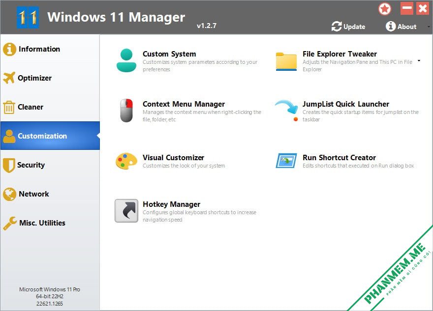 Windows 11 Manager v1.4.2 - Tối ưu hóa, tinh chỉnh, sửa chữa và dọn dẹp Windows 11 6 Windows 11 Manager Customization
