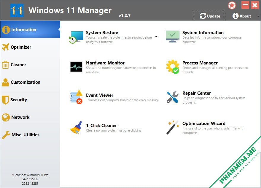 Windows 11 Manager v1.4.2 - Tối ưu hóa, tinh chỉnh, sửa chữa và dọn dẹp Windows 11 3 Windows 11 Manager Information