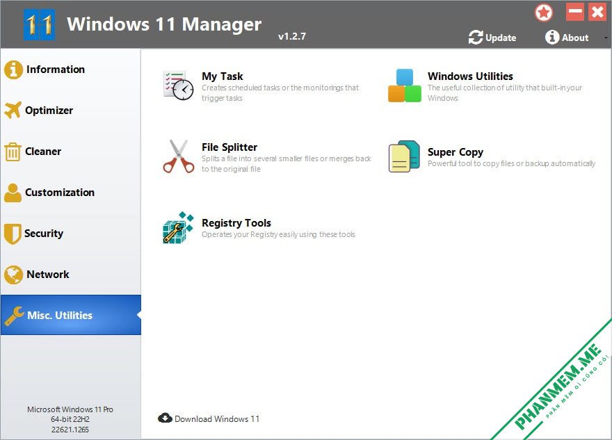 Windows 11 Manager v1.4.2 - Tối ưu hóa, tinh chỉnh, sửa chữa và dọn dẹp Windows 11 9 Windows 11 Manager Misc. Utilities