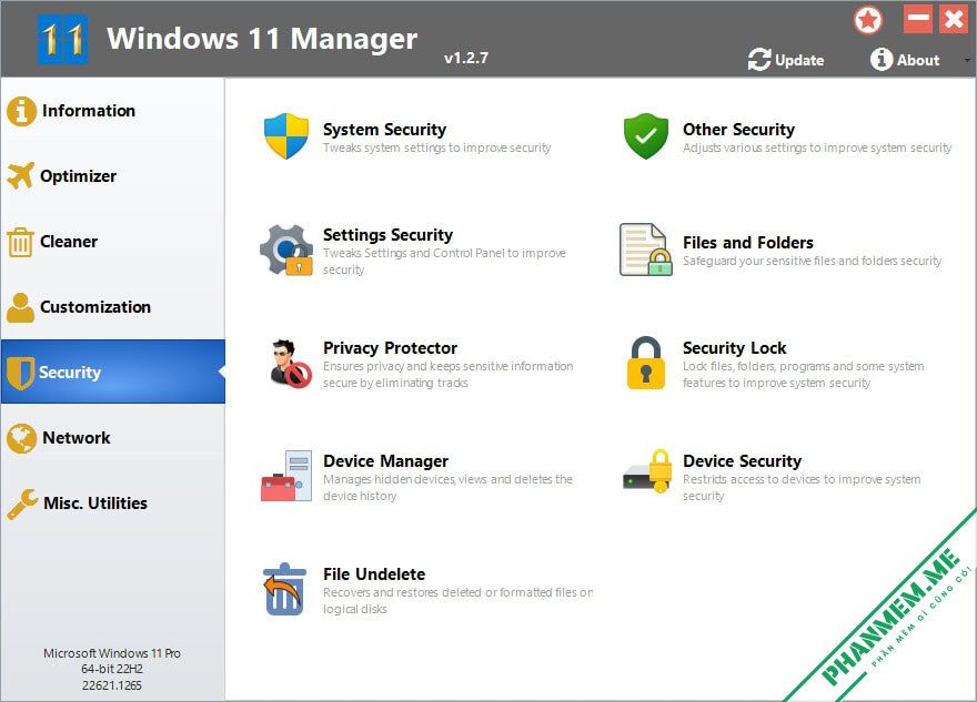 Windows 11 Manager v1.4.2 - Tối ưu hóa, tinh chỉnh, sửa chữa và dọn dẹp Windows 11 7 Windows 11 Manager Security