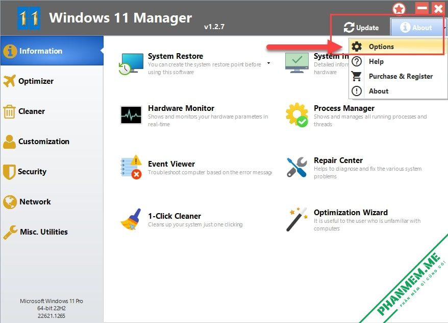 Windows 11 Manager v1.4.2 - Tối ưu hóa, tinh chỉnh, sửa chữa và dọn dẹp Windows 11 10 Windows 11 Manager Options