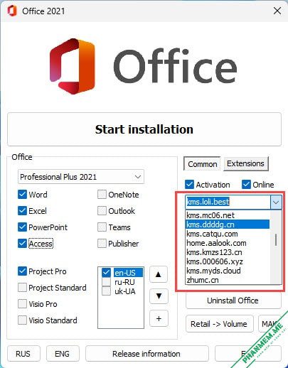 Download Microsoft Office 2021 Professional Plus + Key 9 Chọn server KMS kích hoạt Office 2021 Pro Plus