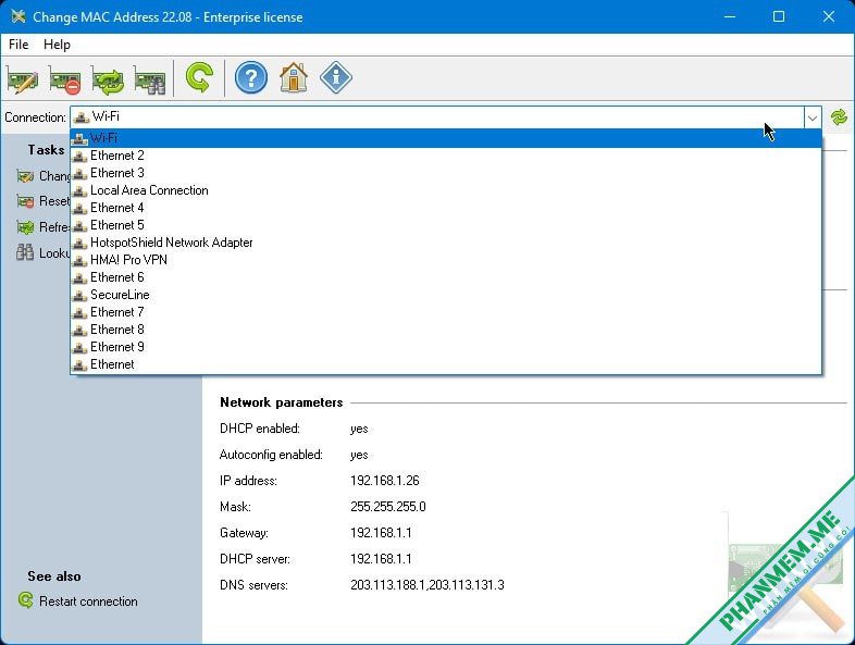 Change MAC Address 25.05 - Phần mềm đổi địa chỉ MAC 2 Chọn mạng kết nối internet