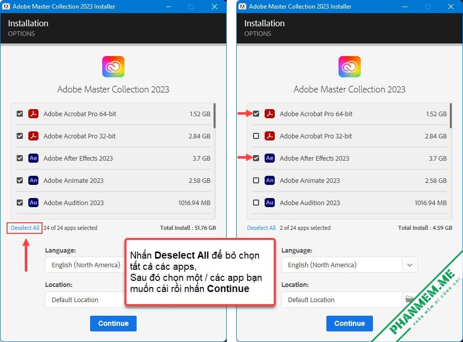Adobe Master Collection 2023 v11 - Cài đặt, kích hoạt trọn bộ Adobe 5 Chọn các app muốn cài Adobe Master Collection 2023