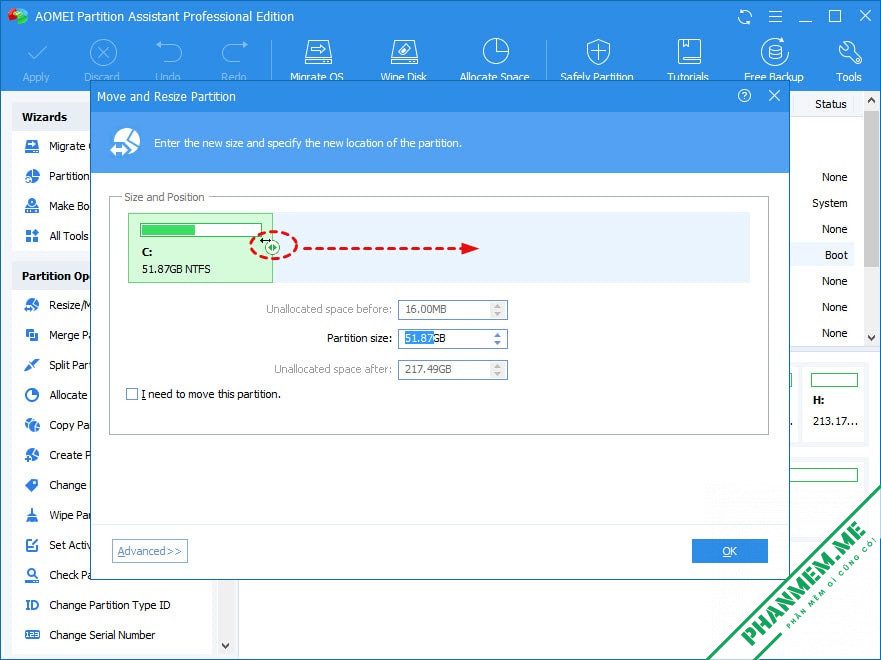 AOMEI Partition Assistant Technician v10.10.0 | Quản lý phân vùng, ổ đĩa 3 Cách resize phân vùng ổ đĩa