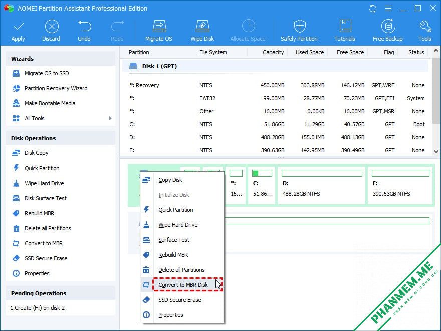 AOMEI Partition Assistant Technician v10.10.0 | Quản lý phân vùng, ổ đĩa 9 Chuyển GPT sang MBR