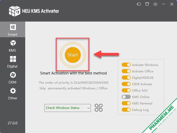 HEU KMS Activator v63.3.0 - Kích hoạt Windows 10, 11, Office 2024, 365 5 Click Start để tự động kích hoạt Windows, Office bằng phần mềm HEU KMS Activator