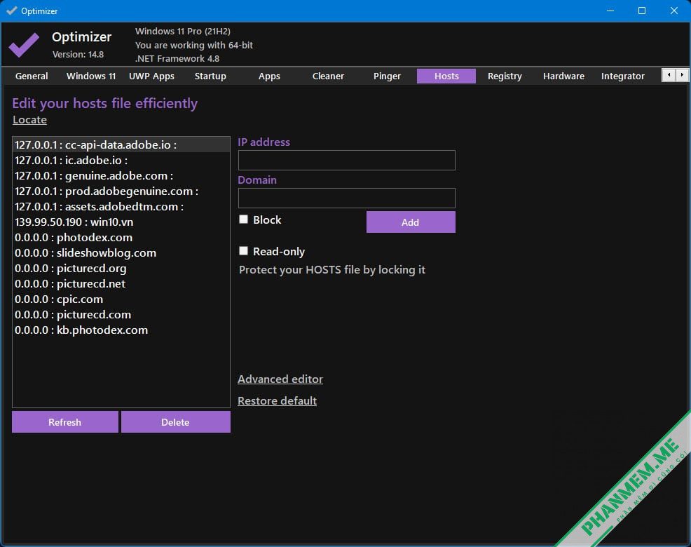 Optimizer 16.7 by hellzerg | Tối ưu hóa Windows 10, 11 8 Chỉnh sửa file hosts bằng Optimizer