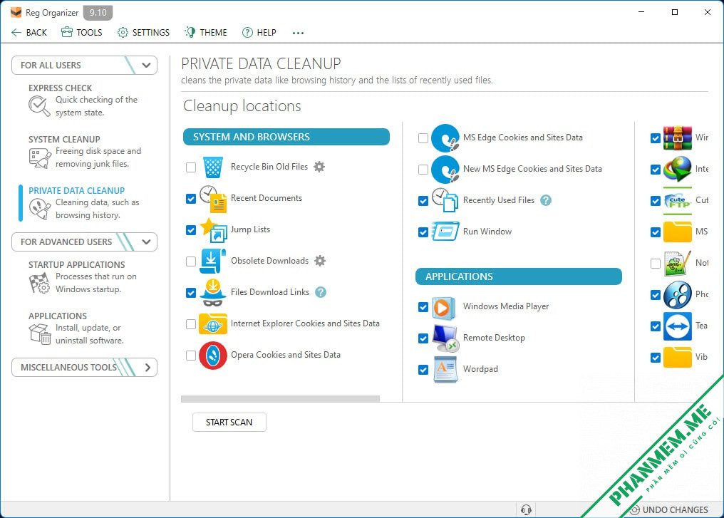 Reg Organizer 9.91 - Dọn dẹp registry, tăng tốc hệ thống 4 Reg Organizer Private Data Cleanup