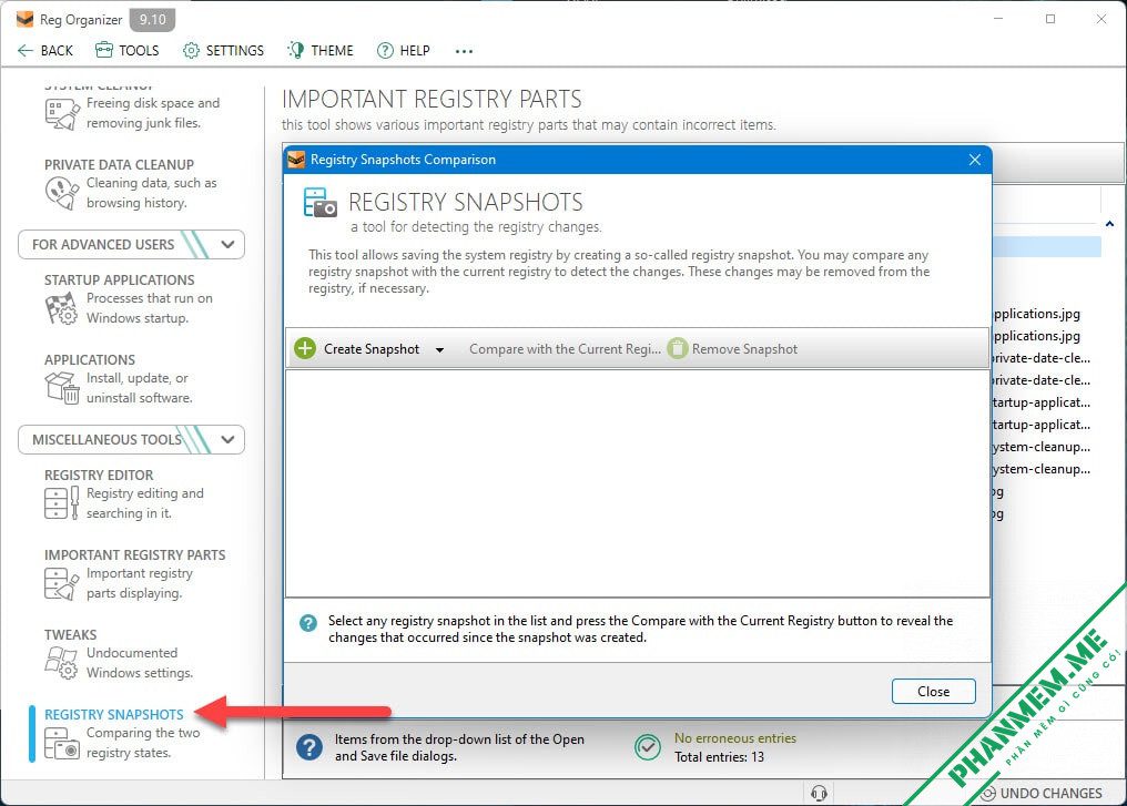 Reg Organizer 9.91 - Dọn dẹp registry, tăng tốc hệ thống 10 Reg Organizer Registry Snapshots