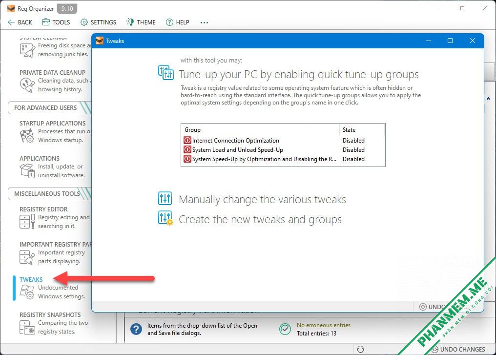 Reg Organizer 9.91 - Dọn dẹp registry, tăng tốc hệ thống 9 Reg Organizer Tweaks