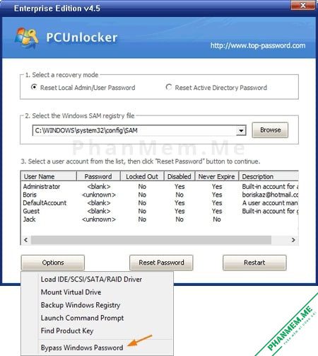 Cách đăng nhập máy tính mà không cần mật khẩu - Bypass Administrator Password 2 PCUnlocker - Bypass Administrator Password