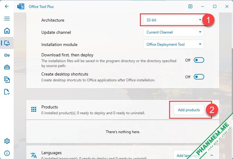 Office Tool Plus 10.17.9.0 - Tải, Cài, Tạo File ISO Office/Viso/Project 2016/2019/2021/365 2 chọn 32bit / 64bit Add products