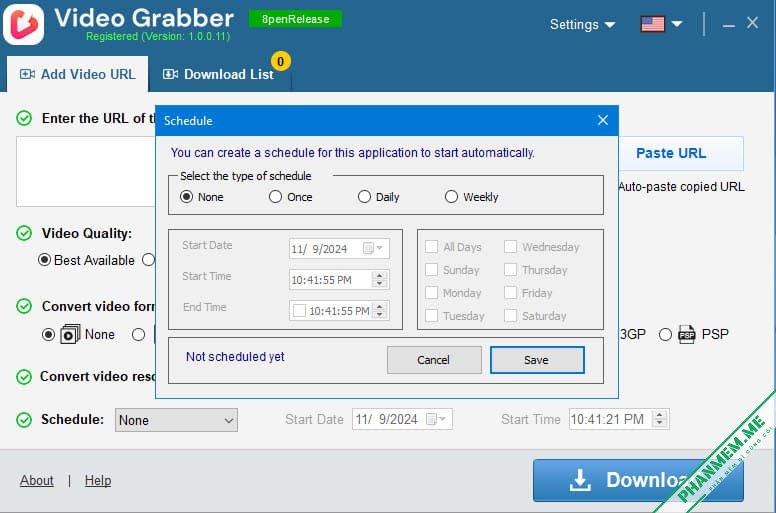 Auslogics Video Grabber 1.0.0.12 - Phần mềm tải Video 3 Auslogics Video Grabber - Schedule lên lịch tải Video