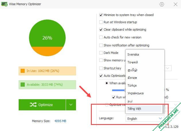 Wise Memory Optimizer 4.2.4.132 - Giải phóng, tối ưu RAM 4 Cài tiếng Việt cho Wise Memory Optimizer
