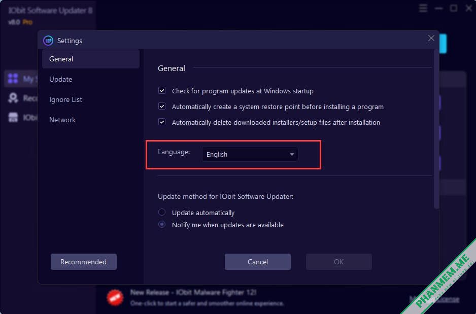IObit Software Updater Pro 8.0.0.6: Tự động cập nhật phần mềm 4 Cài tiếng Việt cho IObit Software Updater Pro
