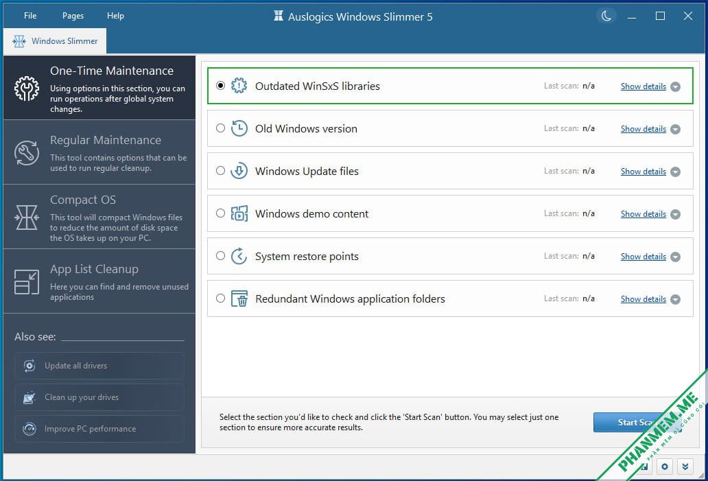 Auslogics Windows Slimmer 5.1.0.1 - Dọn dẹp, tối ưu Windows 2 One-Time Maintenance Auslogics Windows Slimmer